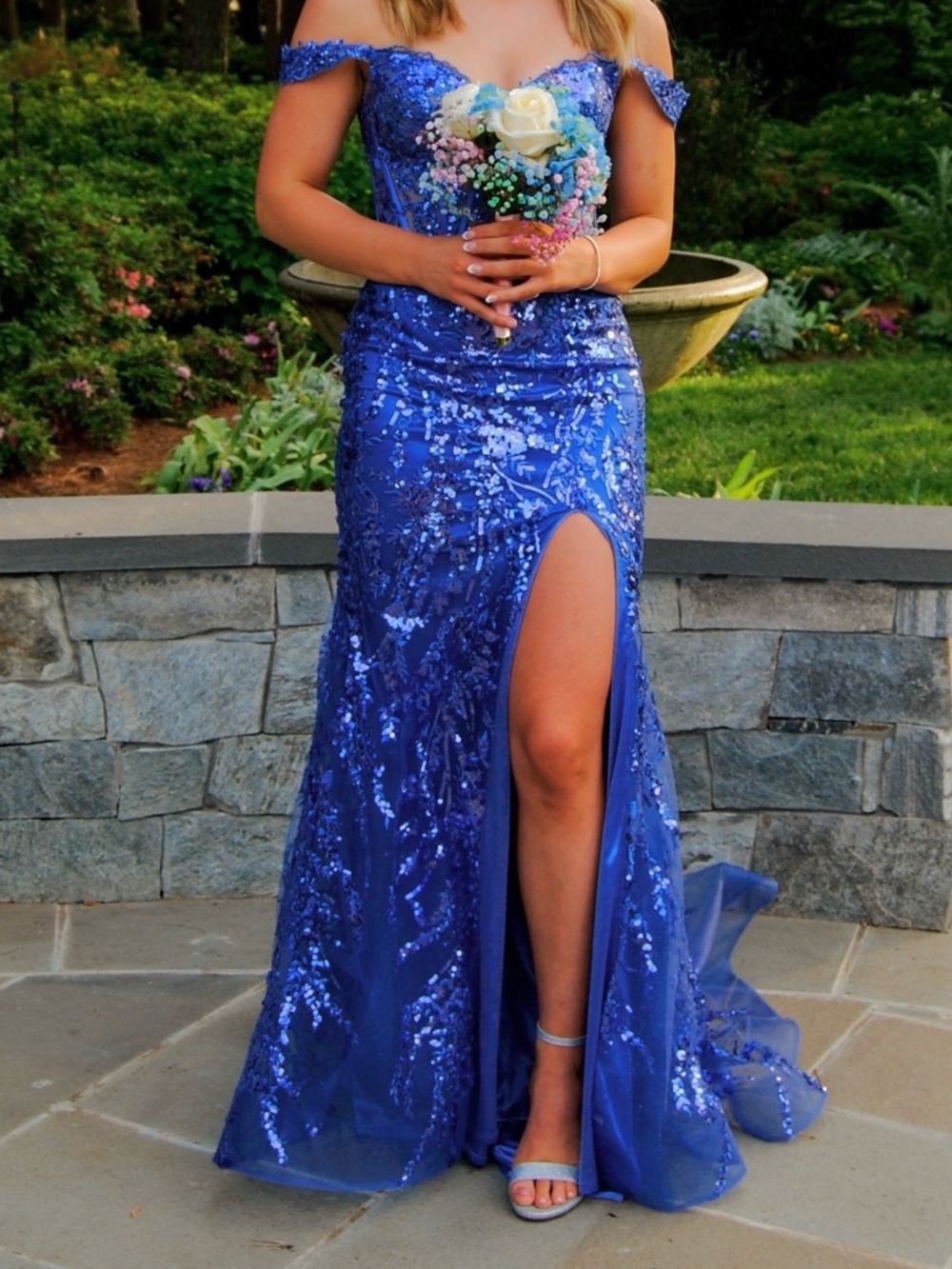 Sherri Hill Royal Blue Sequin Off-Shoulder Prom Gown with Thigh Slit